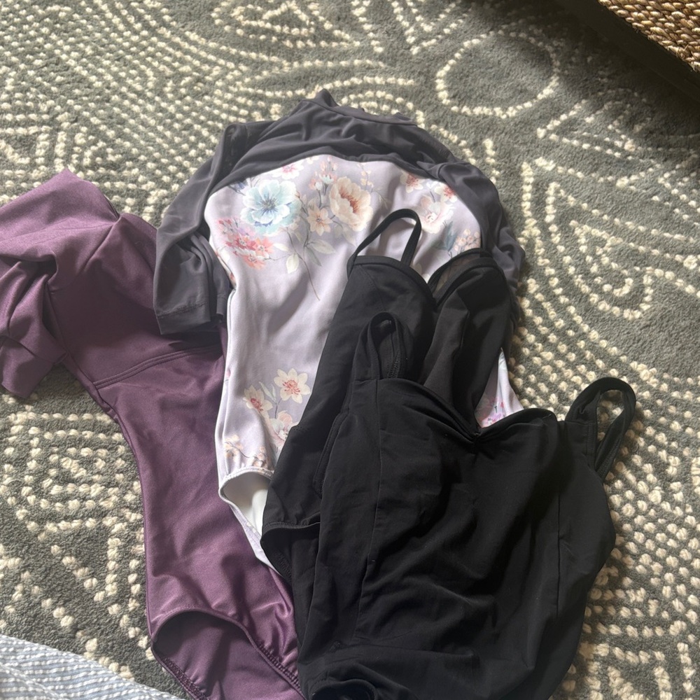 Eleve Dancewear Black Bandeau Camisole Duo with Lilac Floral and Plum Bodysuits